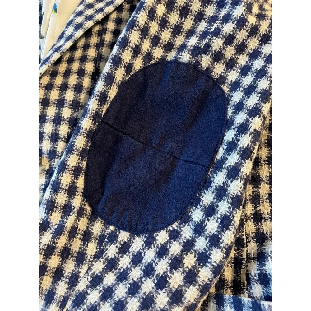 James Morgan Boys Gingham Blazer Size 16 Blue White Patch Pockets Elbow Patches